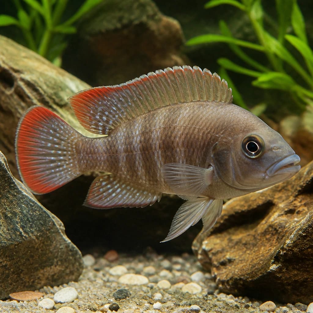 Altolamprologus compressiceps Red Fin Kagunga Tanganyikan cichlid 3-4 cm with compressed body and red fin accents