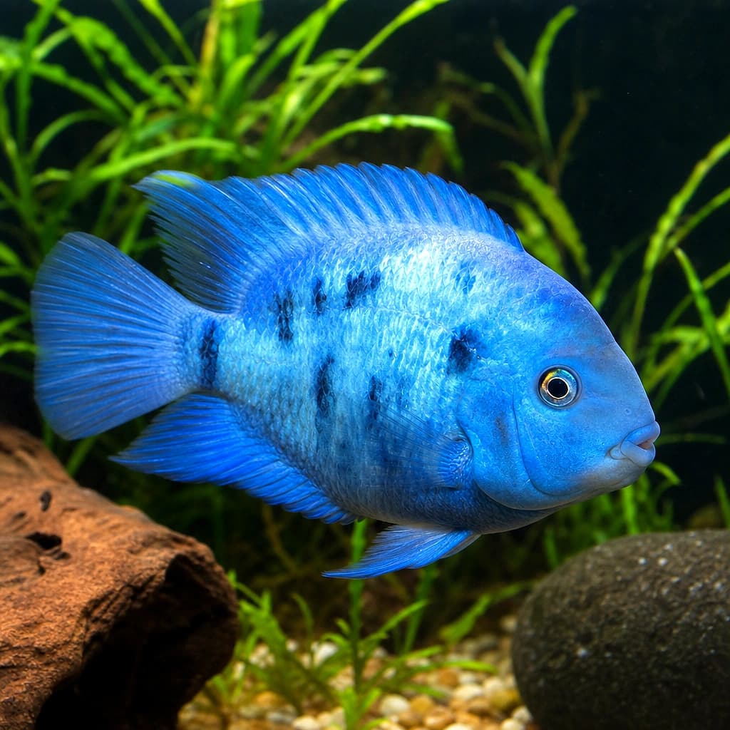 Blue Neon Tiger Parrot Cichlid hybrid with blue patterning in a spacious aquarium