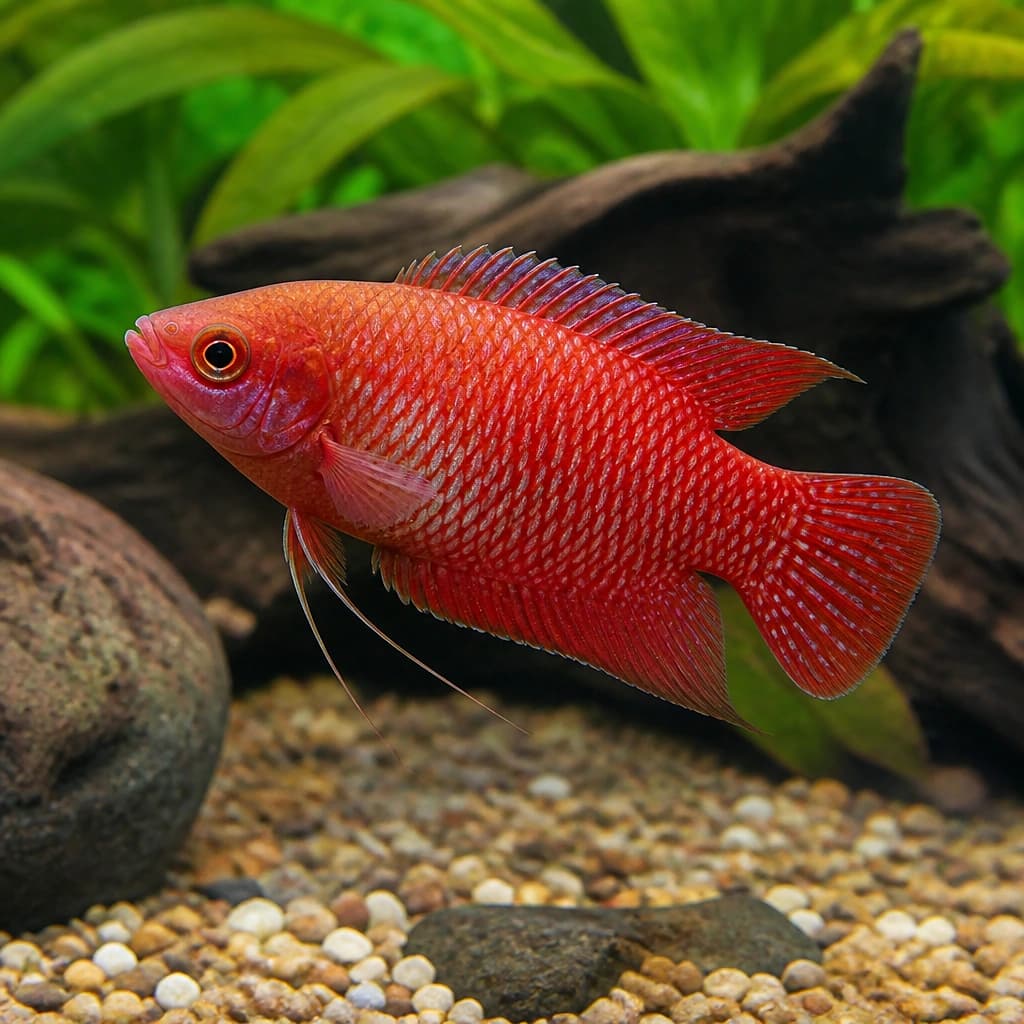Red Velvet Paradise Fish (Macropodus opercularis) - stunning red labyrinth fish