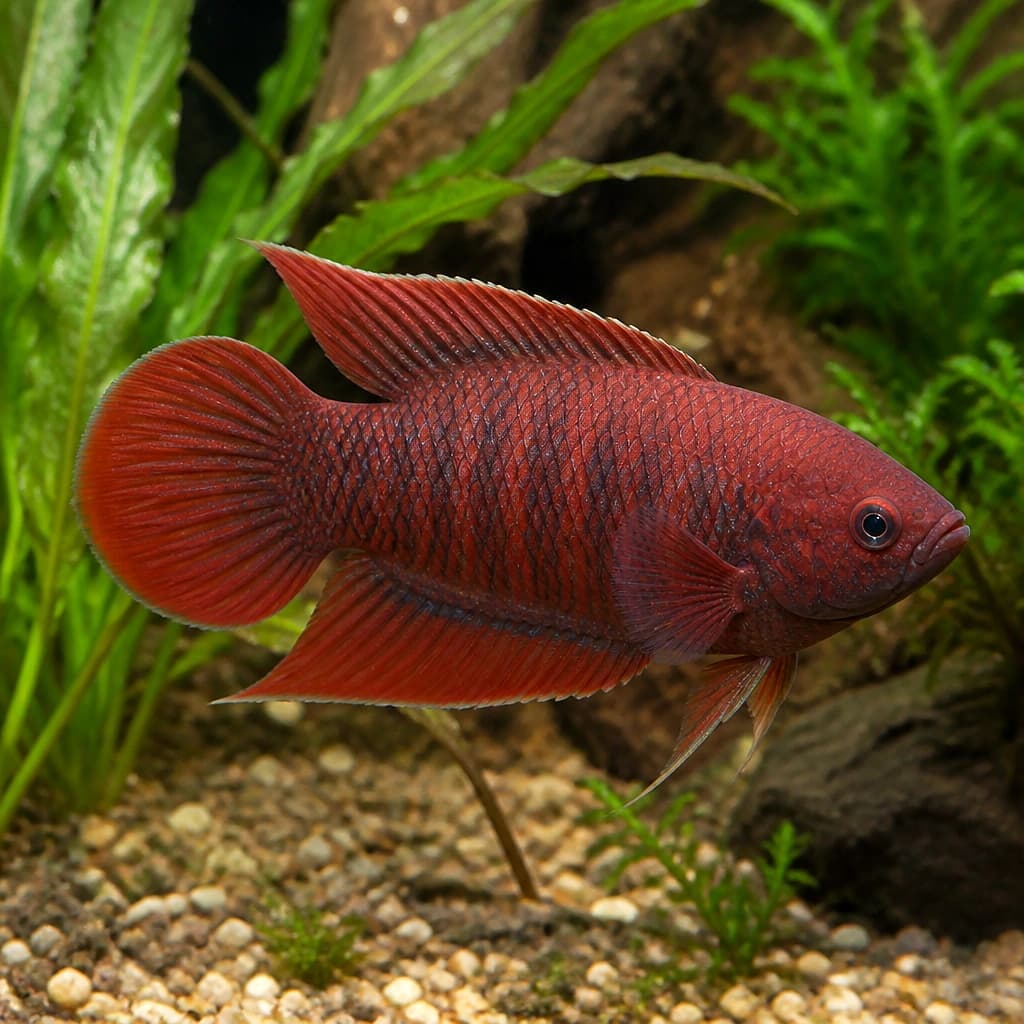 Red Velvet Paradise Fish (Macropodus opercularis) - stunning red labyrinth fish