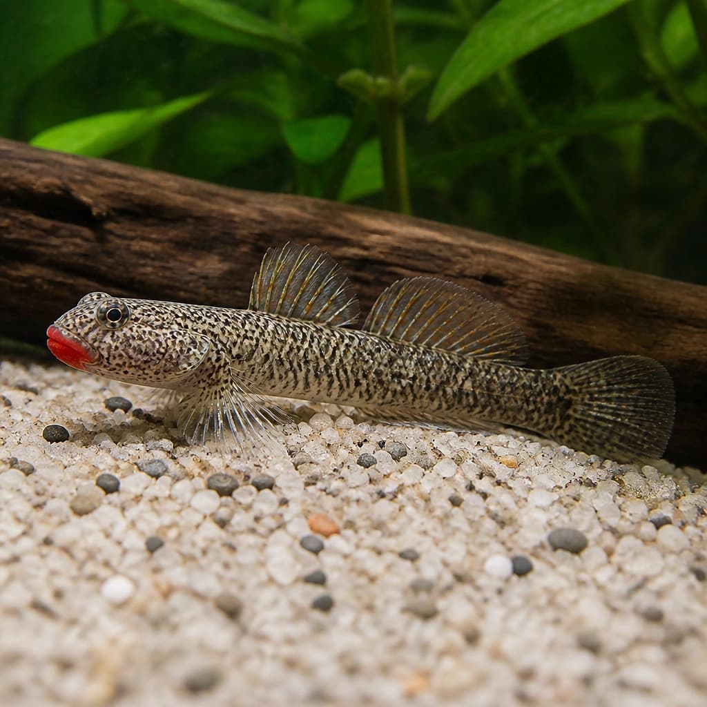 Red Lipstick Goby (Sicyopus jonklaasi) on rockwork in a high-flow aquarium