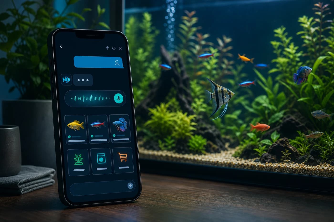 Smart fishkeeping assistant on a phone beside a planted aquarium