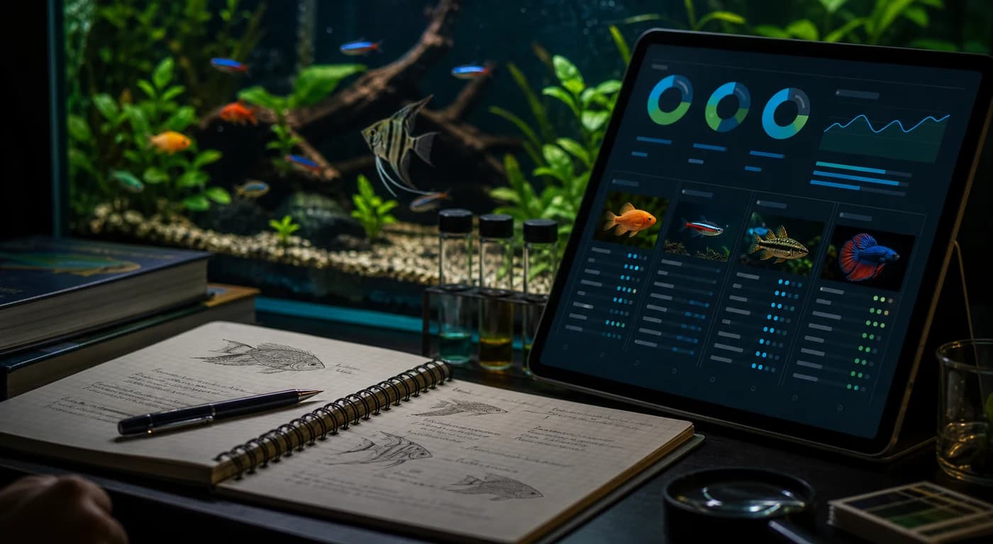 Aquarium research desk with species data beside a planted fish tank
