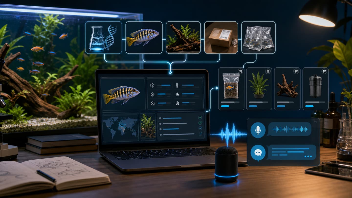 Scientific aquarium listing data workflow connected to an AI helper