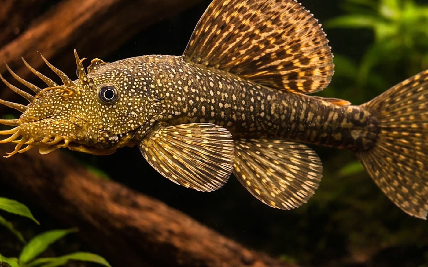 Bristlenose Pleco (Ancistrus sp.) grazing on driftwood in a planted aquarium