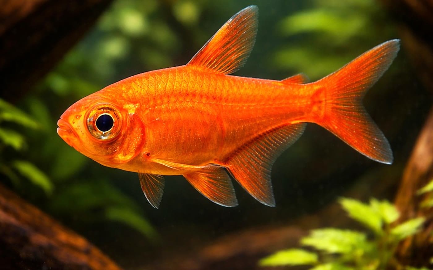 Ember Tetra shoal glowing in a densely planted aquarium