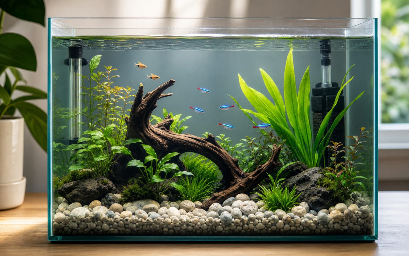A well-set-up first tropical fish tank with live plants and clear water