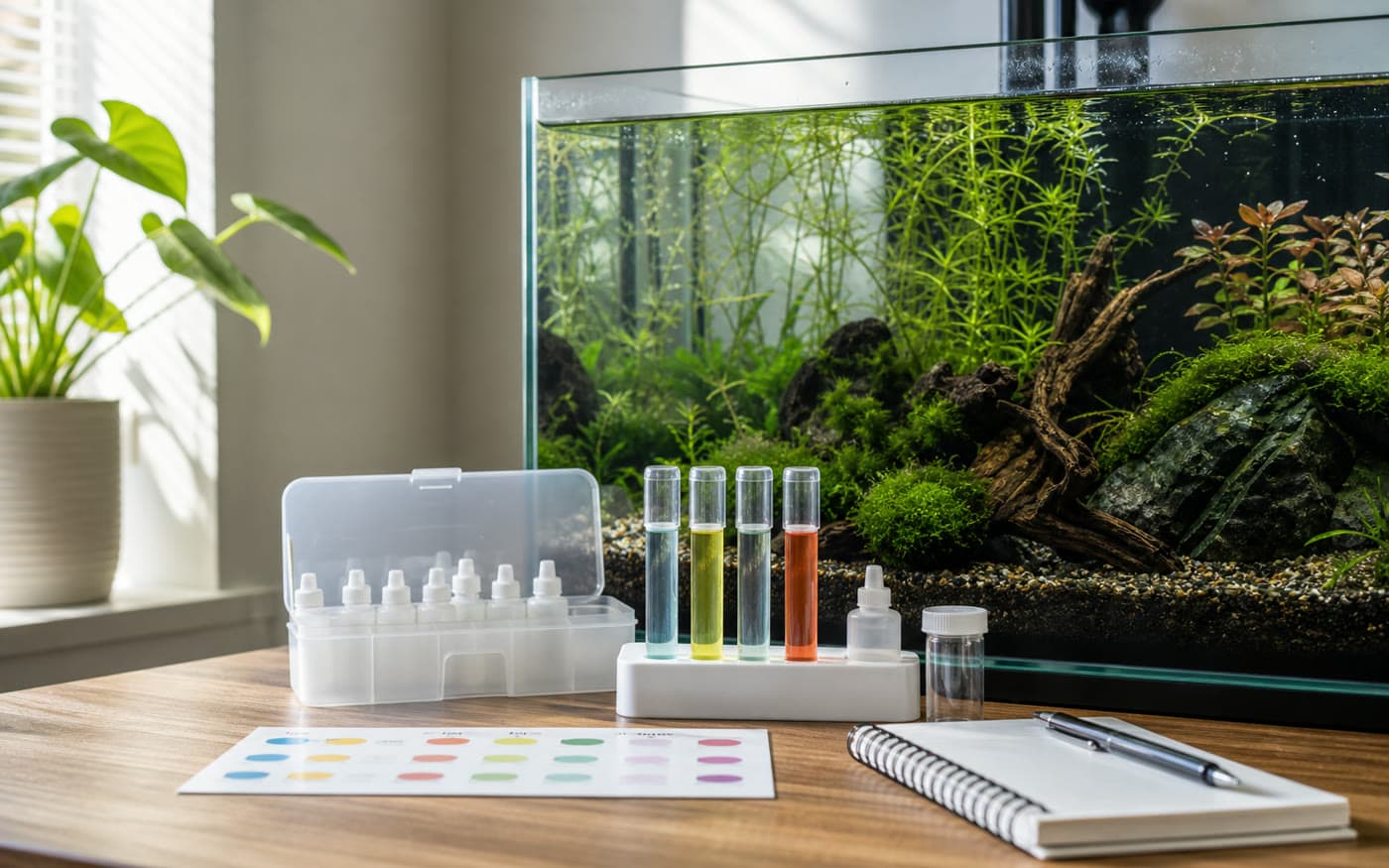 Aquarium water test kit beside a healthy planted aquarium