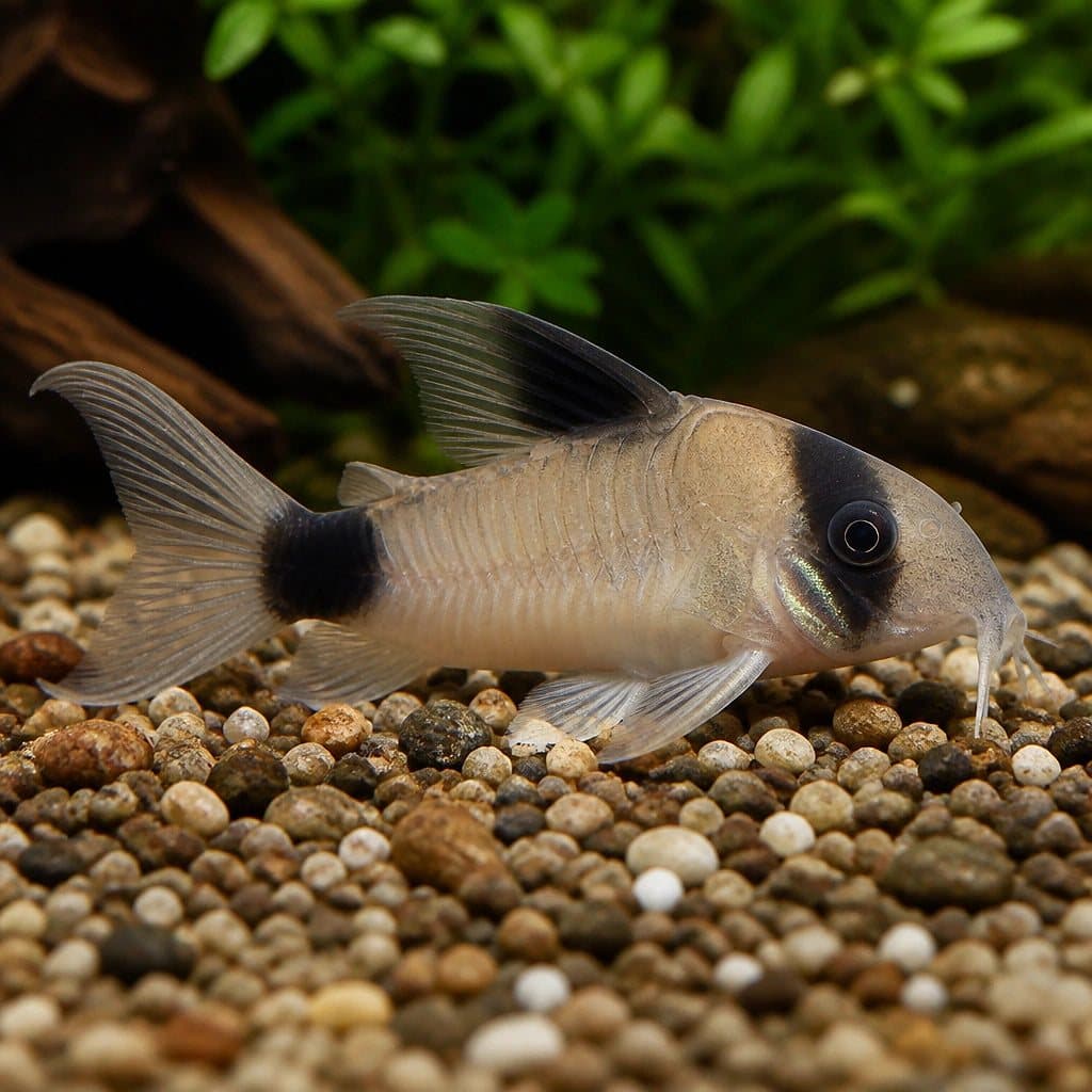A long-fin panda corydoras (Corydoras panda) showing the flowing dorsal fin and panda markings in a natural planted aquarium