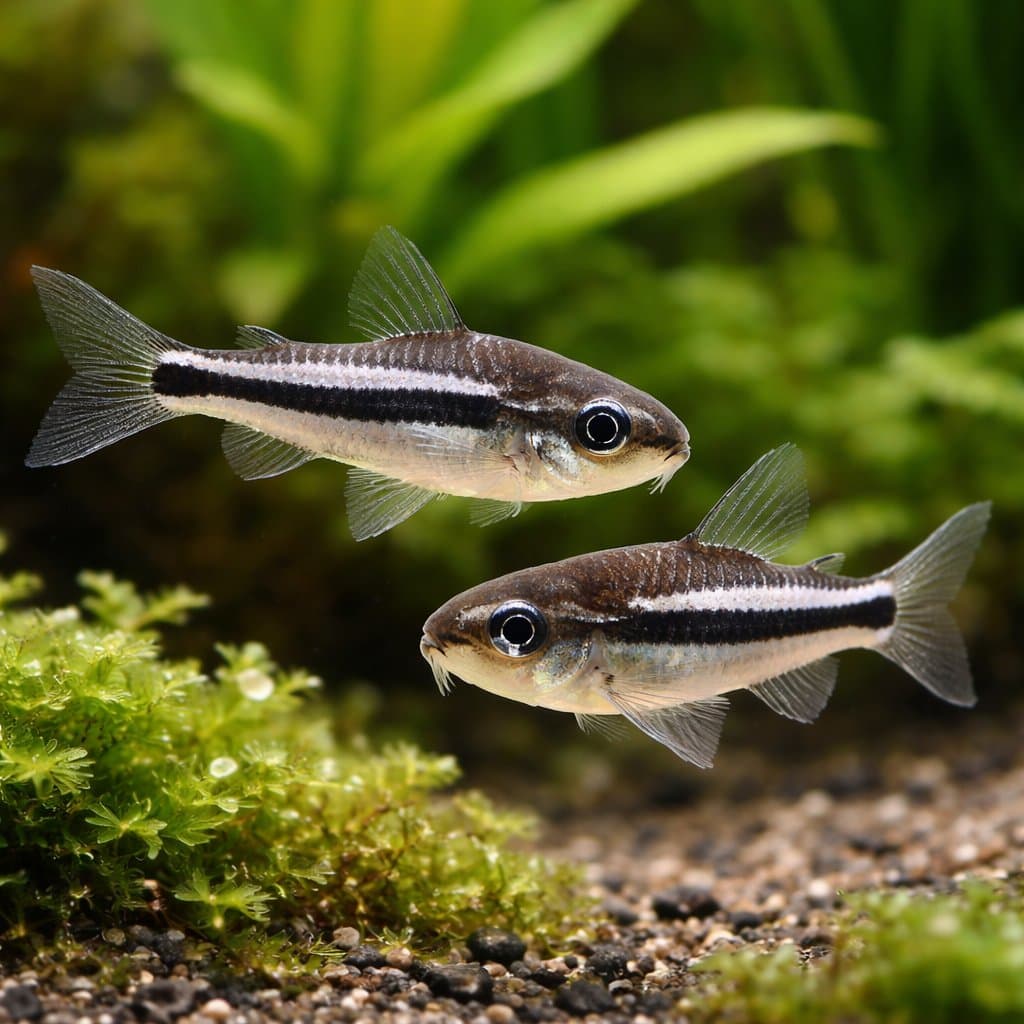 A pair of pygmy corydoras among fine-leaved plants in a planted aquarium