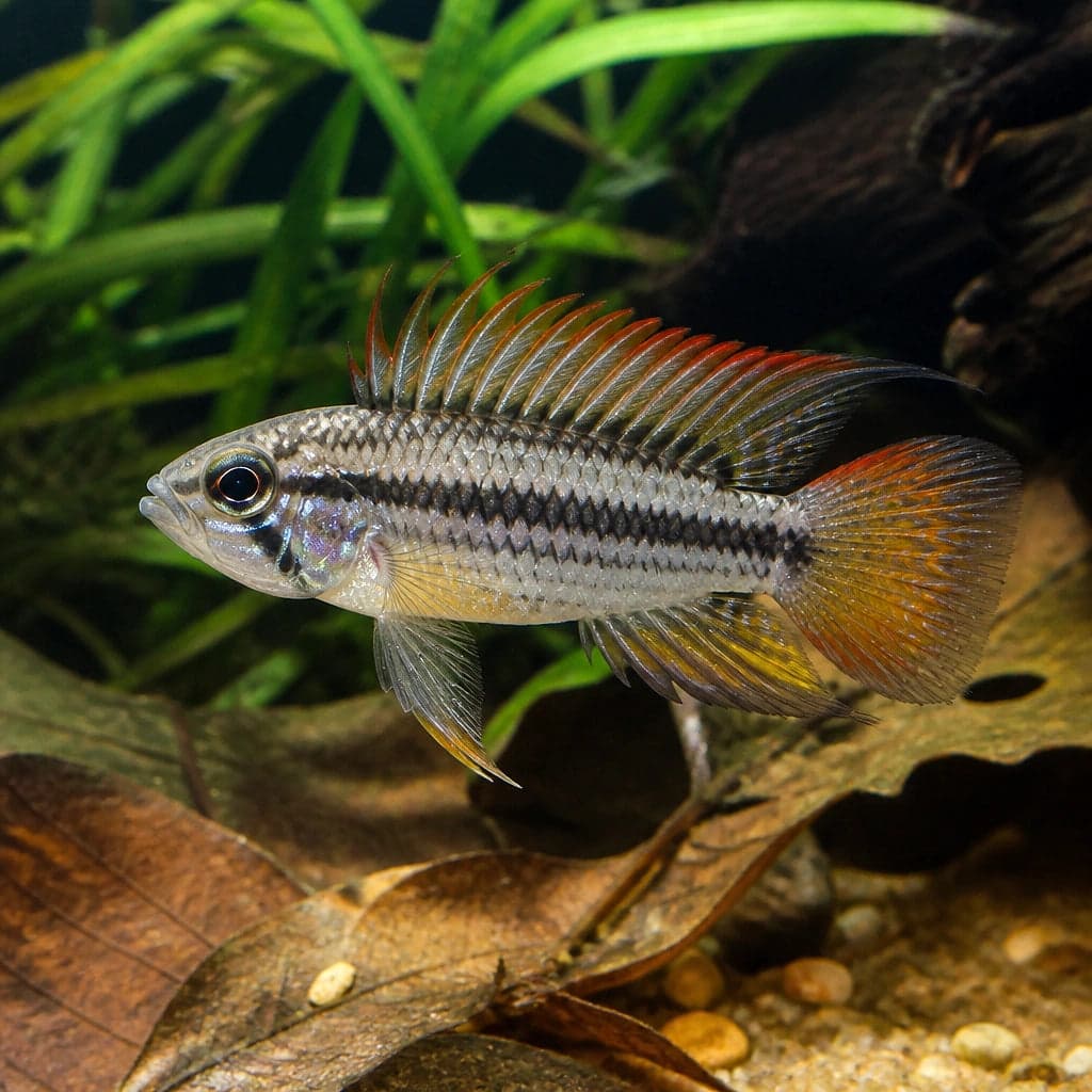 A male Apistogramma agassizii red-dorsal form, showing the low even dorsal fin that distinguishes the species from crested cockatoo apistos