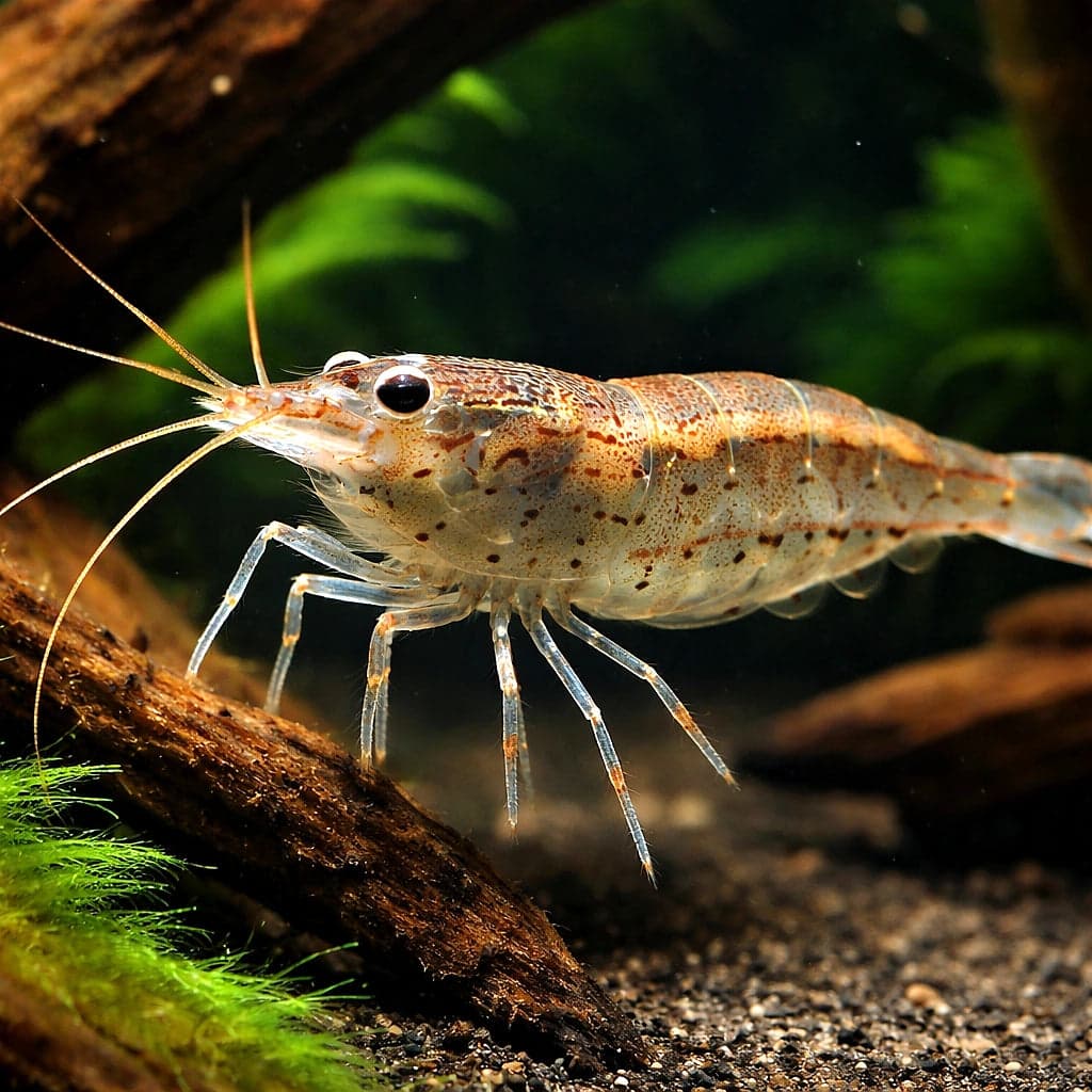 An Amano Shrimp (Caridina multidentata) grazing algae on driftwood