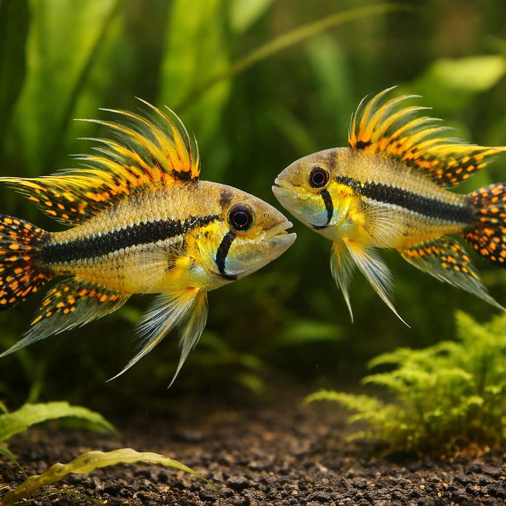 A pair of Apistogramma cacatuoides in a planted aquarium, the larger crested male alongside a female near cover