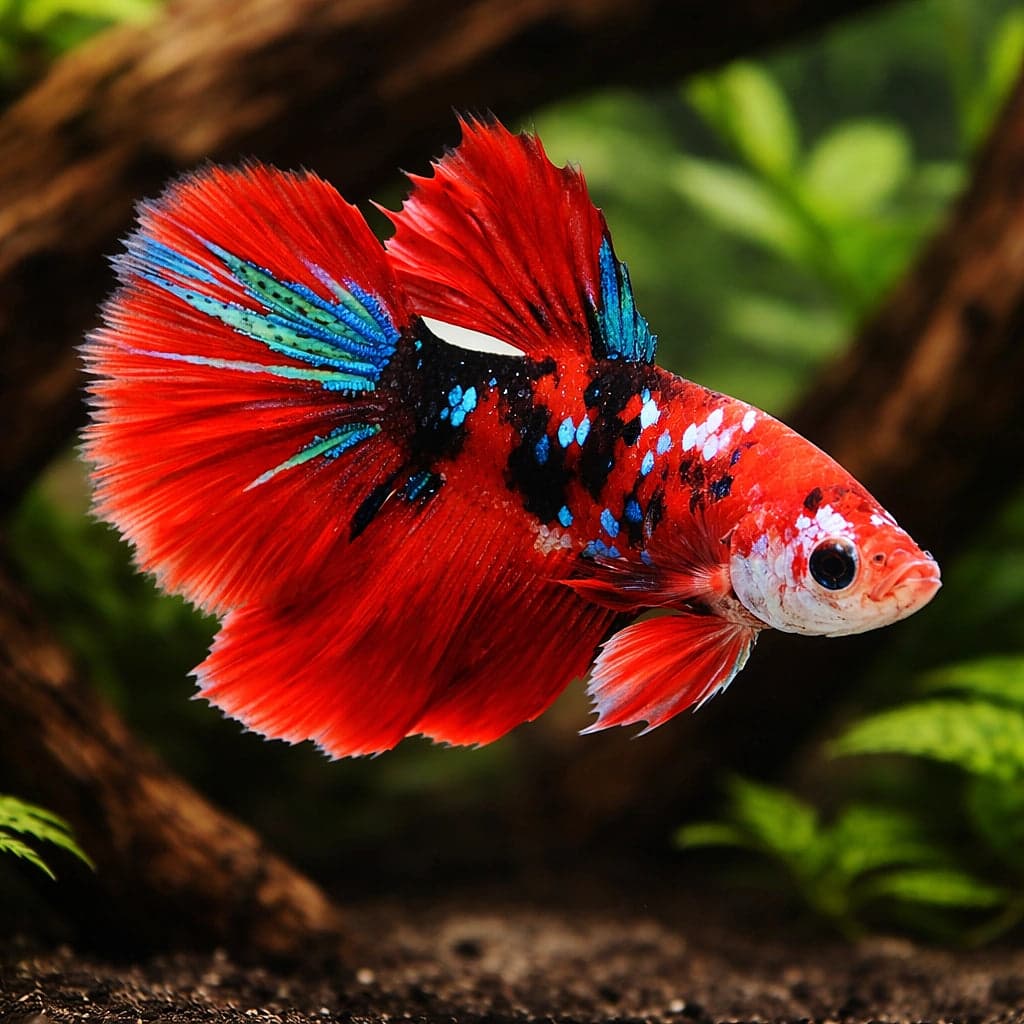A Halfmoon female betta (Betta splendens) photographed over driftwood