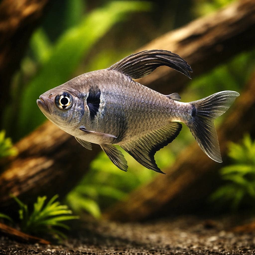 A Black Phantom Tetra (Hyphessobrycon megalopterus) on driftwood