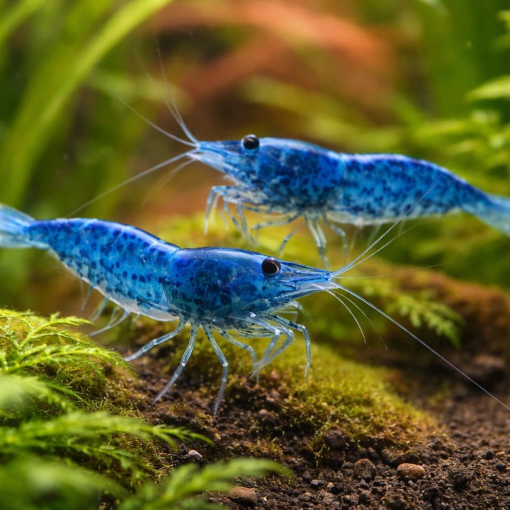 A Blue Cherry Shrimp on a planted substrate — the Blue Pearl strain