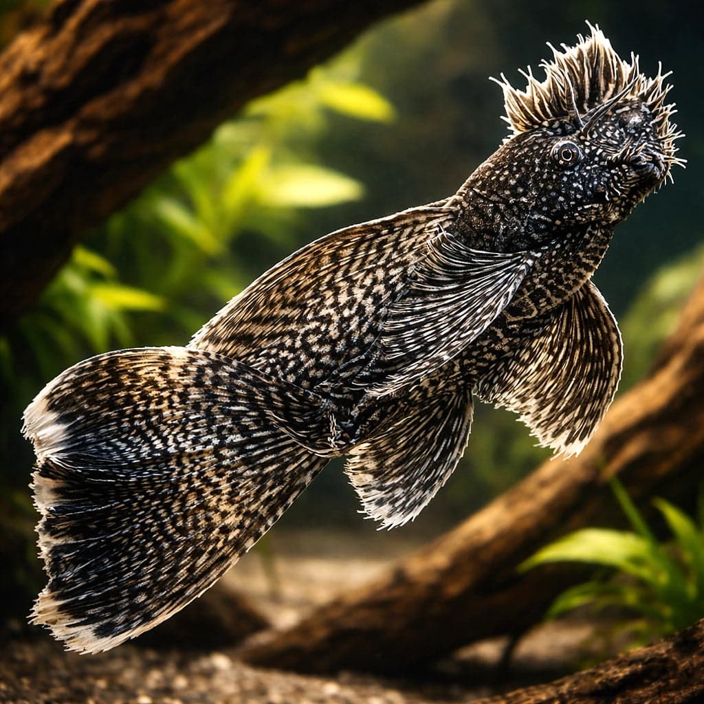 A Longfin Bristlenose Pleco (Ancistrus sp.) photographed on driftwood
