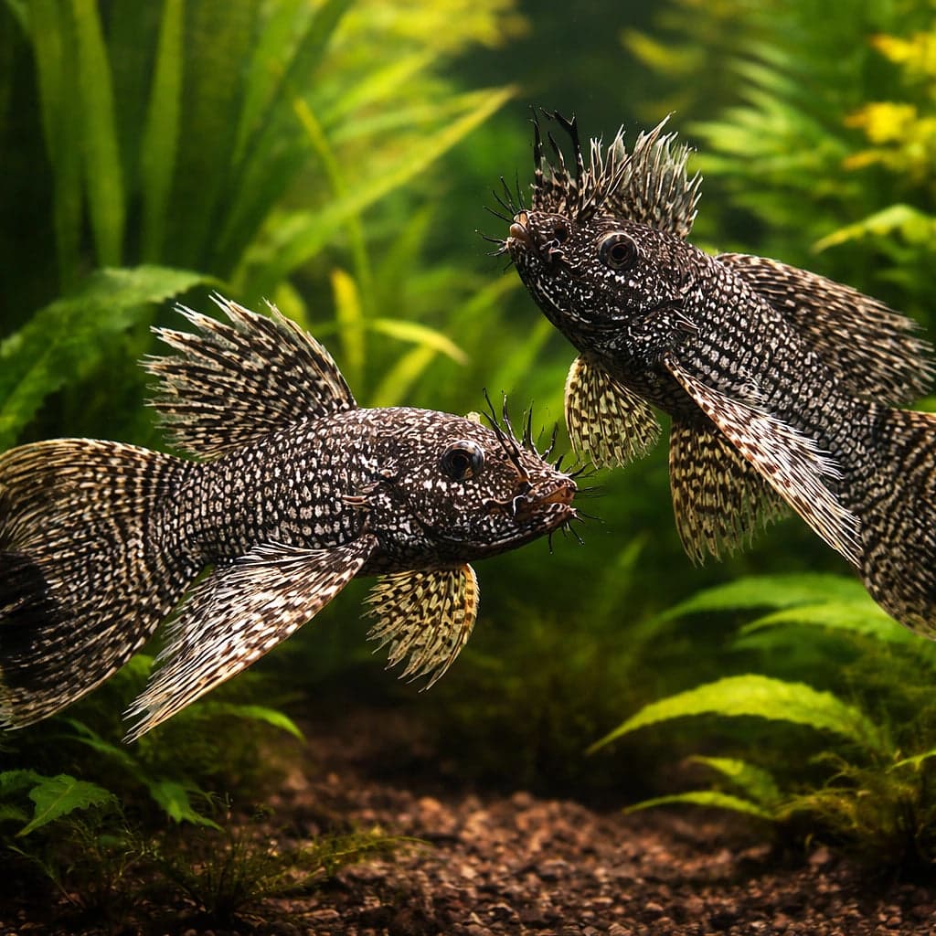 A Longfin Bristlenose pair under planted tank conditions — the trailing fin genetics in profile