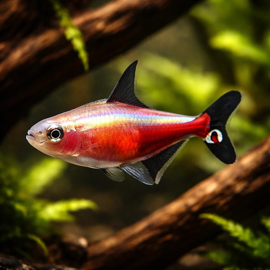 Cardinal Tetra (Paracheirodon axelrodi) photographed over driftwood in our holding tank