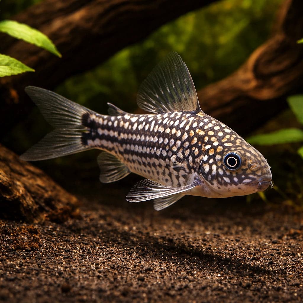 A bronze corydoras feeding over the substrate, barbels down and rooting for food