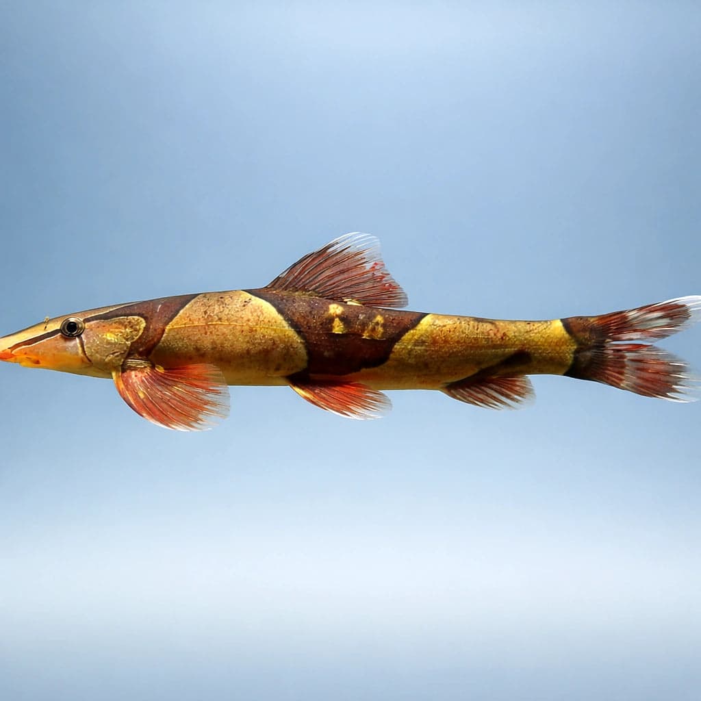 A Red Hillstream Loach on smooth pebbles showing the flat ventral profile