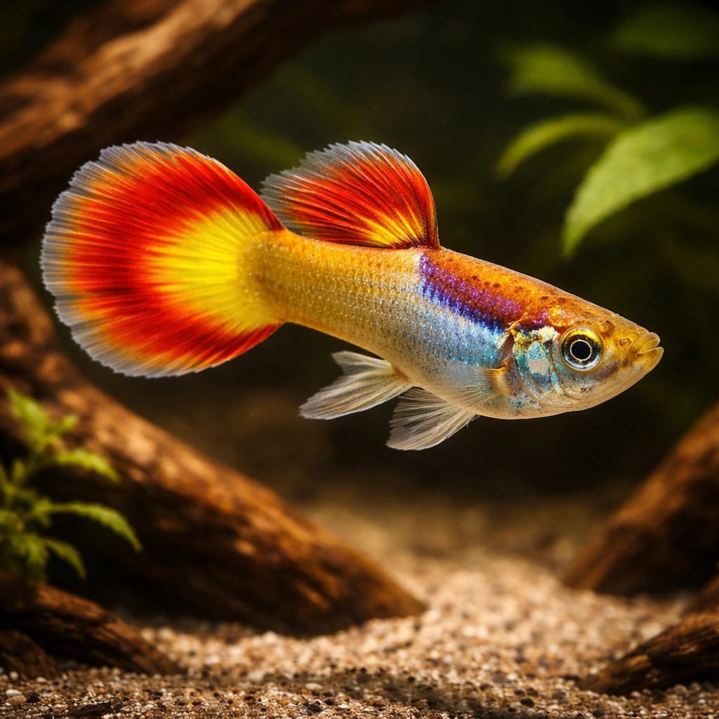 A German Sunset fancy male guppy over driftwood — one of our current in-stock strains