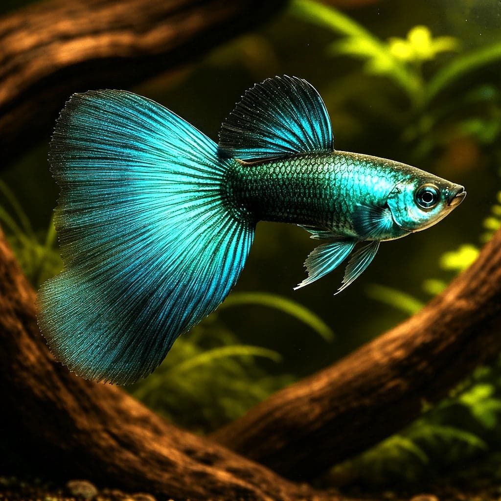 A Green Moscow male fancy guppy — one of the dozen colour strains shipping from our warehouse this week
