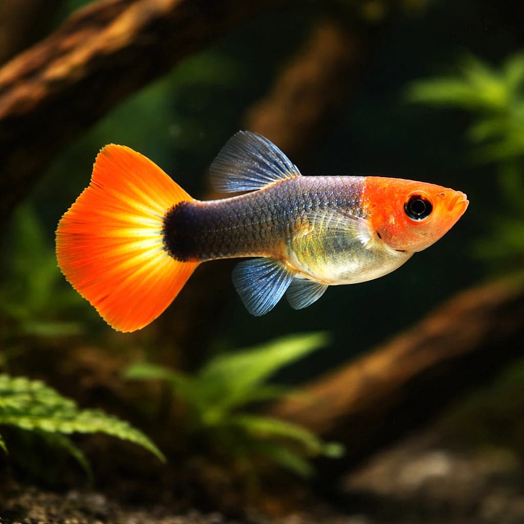 A female Red Cap guppy with the solid-colour head patch characteristic of the strain