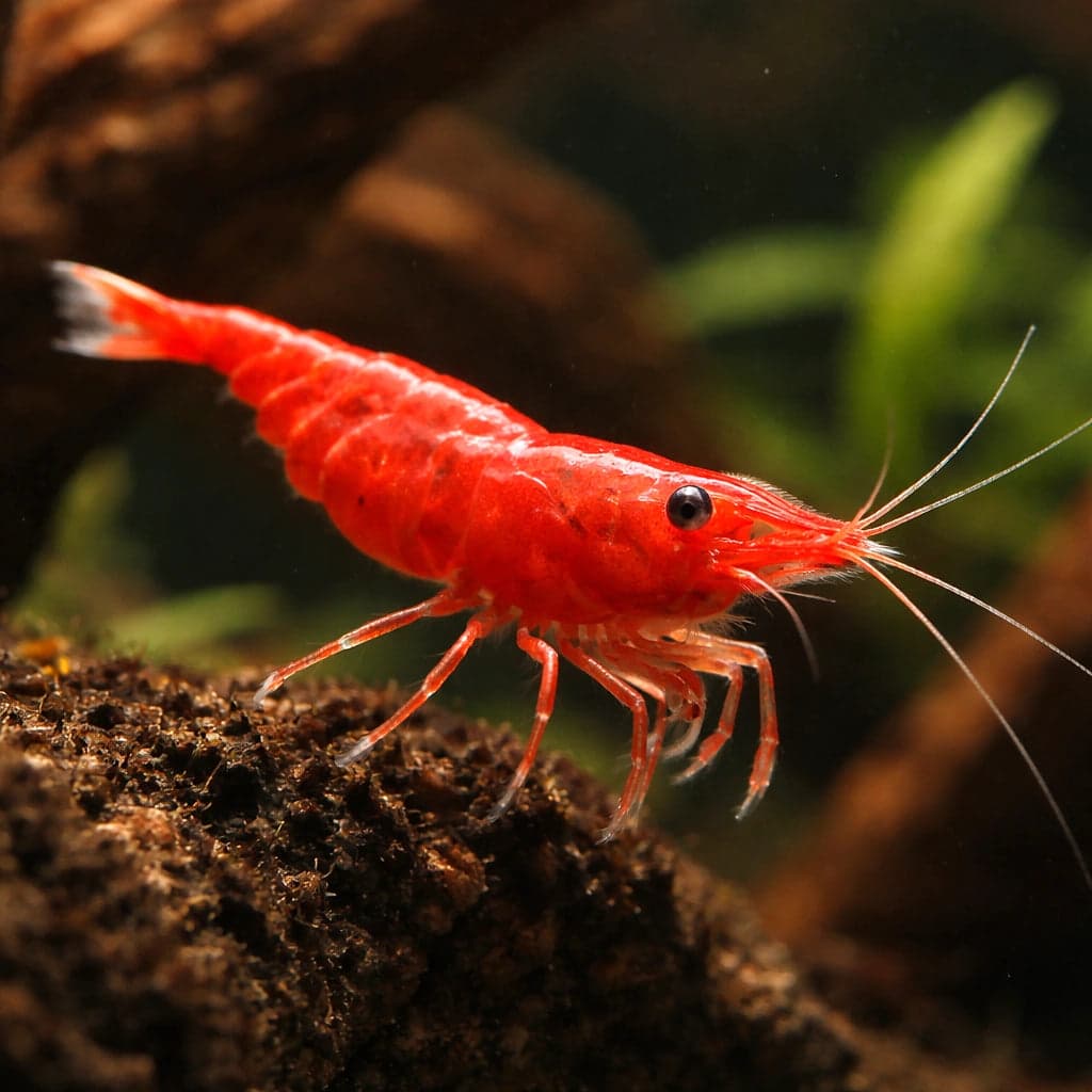 A Fire Red Cherry Shrimp (Neocaridina davidi) at grade 5 colour saturation