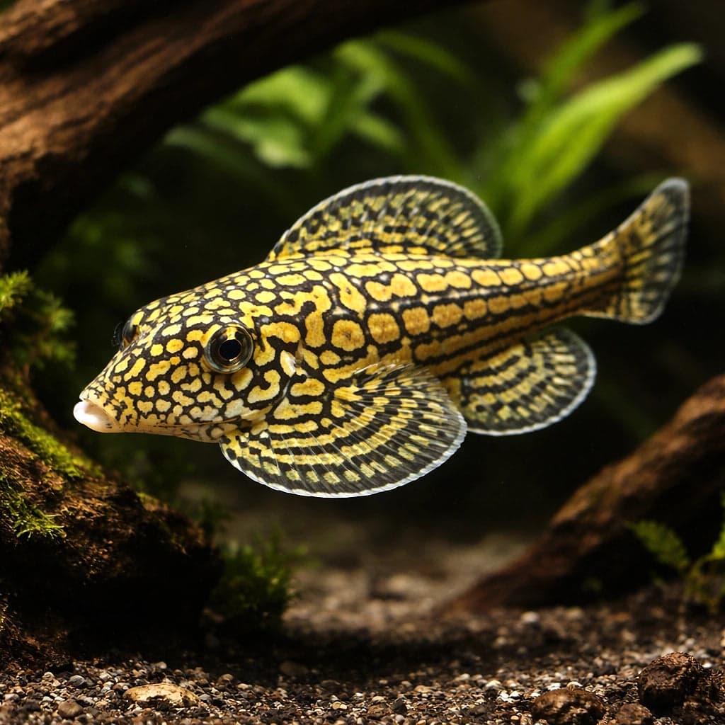 A Marbled Hillstream Loach (Sewellia marmorata) on driftwood at our warehouse