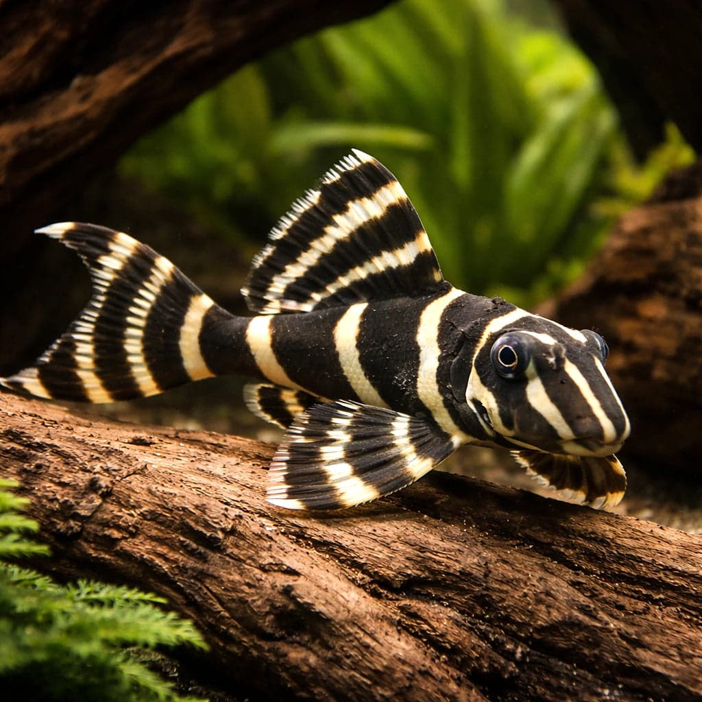 A zebra-striped L204 Panaqolus albivermis clown pleco on driftwood