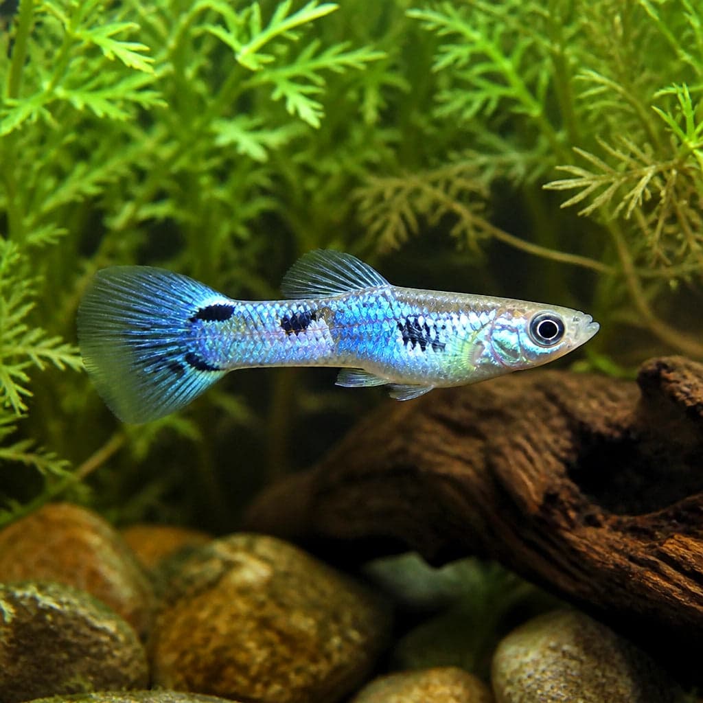 A male blue Endler showing the metallic body sheen Endlers are prized for, photographed over driftwood