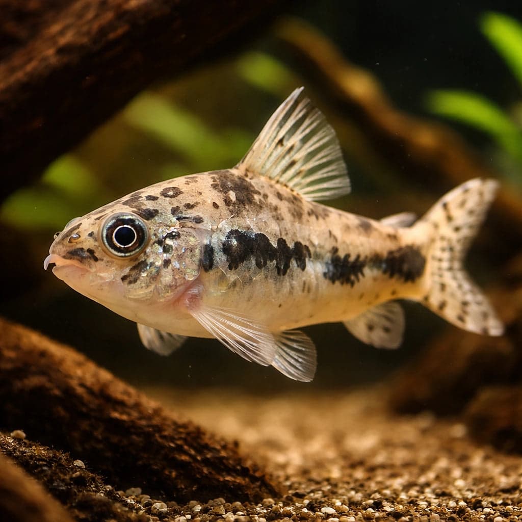 A Salt and Pepper Catfish (Corydoras habrosus) on soft substrate