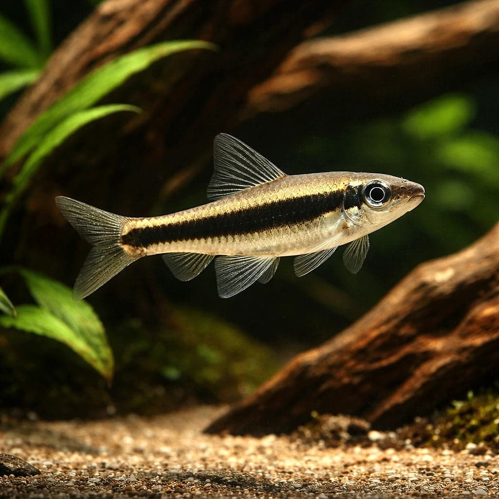 A true Siamese algae eater (Crossocheilus oblongus) photographed over driftwood