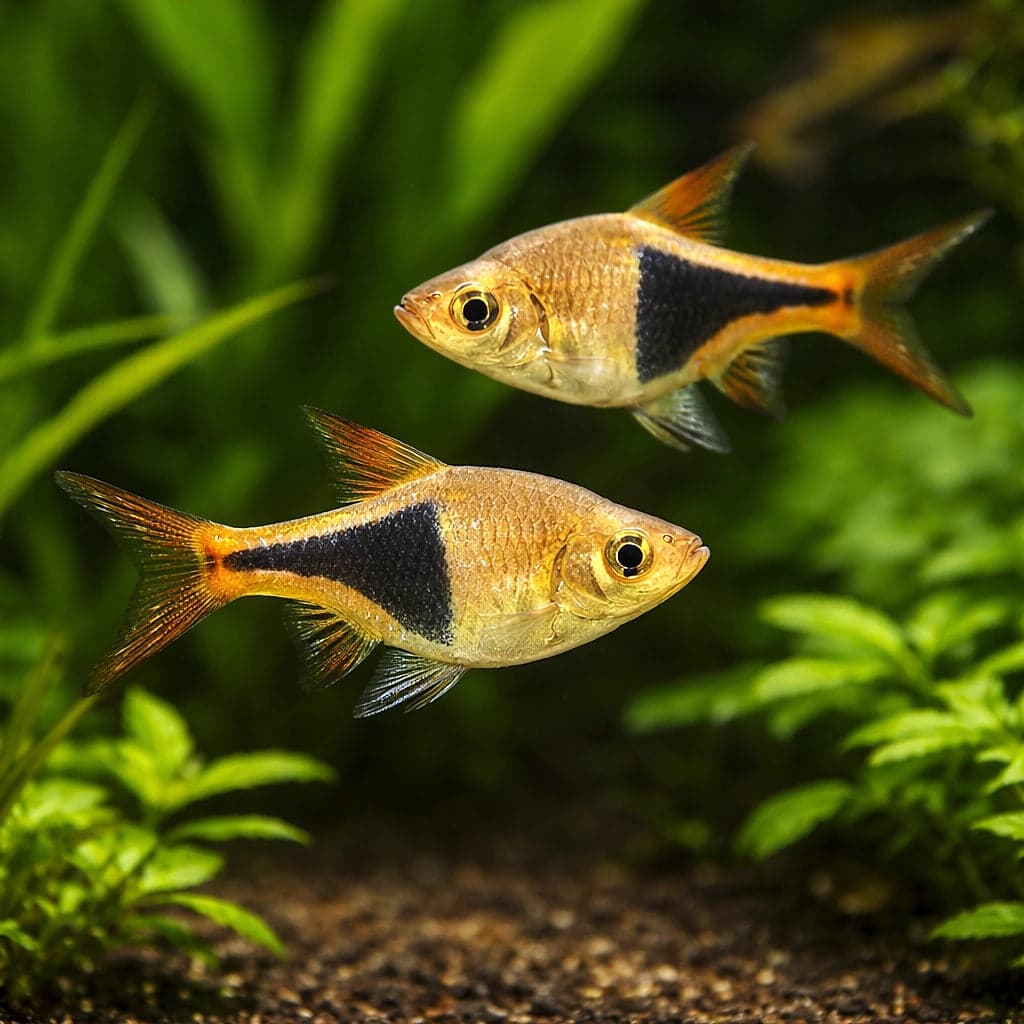 A harlequin gold rasbora — a frequent tank-mate for ember tetras, photographed alongside in our holding tank