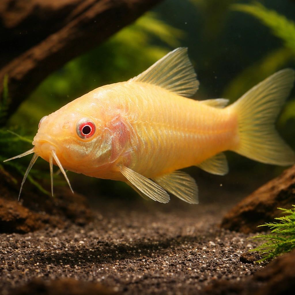 An albino corydoras (amelanistic Corydoras aeneus) showing the pink-white body and pink eyes, photographed over smooth sand