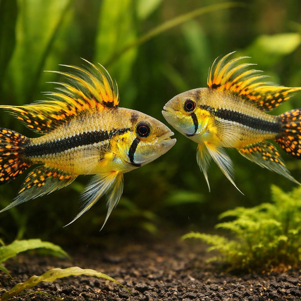 A pair of Apistogramma cacatuoides in a planted aquarium, the larger crested male alongside a female near cover
