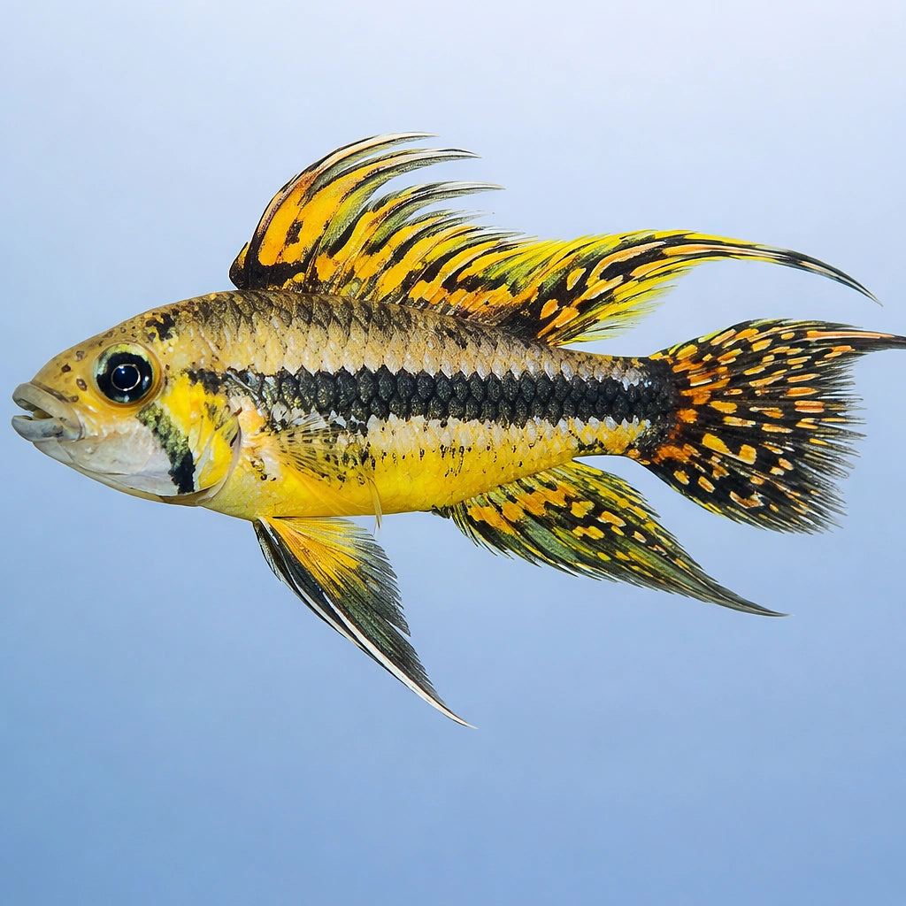A male Apistogramma cacatuoides in side profile showing the raised spiky dorsal-fin crest and orange tail markings
