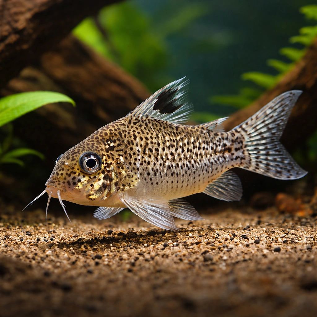 A spotted corydoras feeding over the substrate, barbels down and rooting for food