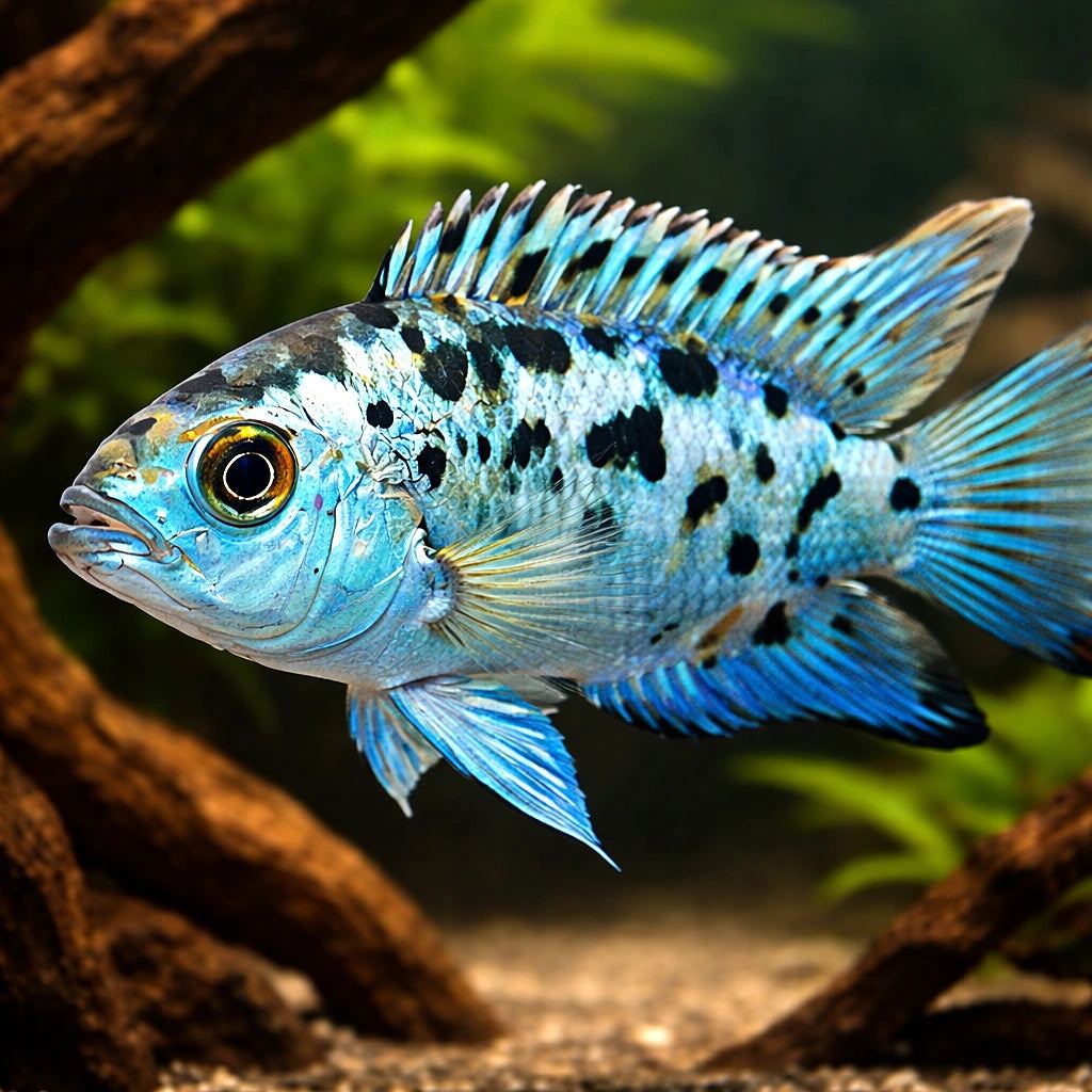 An Electric Blue Jack Dempsey, the line-bred recessive colour morph that glows electric blue across the whole body
