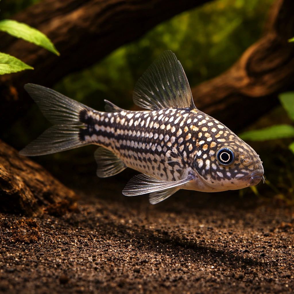 A bronze corydoras feeding over the substrate, barbels down and rooting for food
