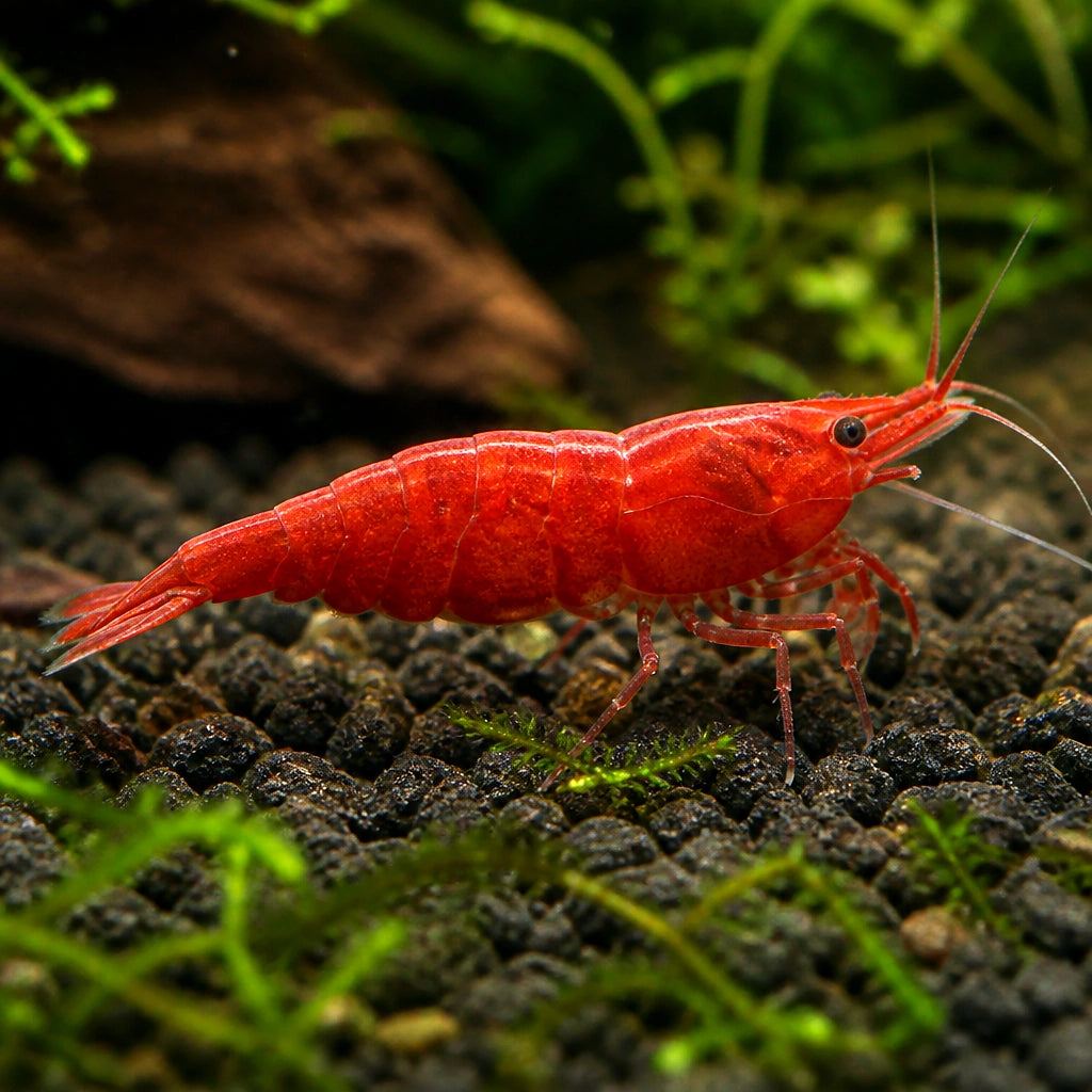 A red Neocaridina shrimp from our current catalogue
