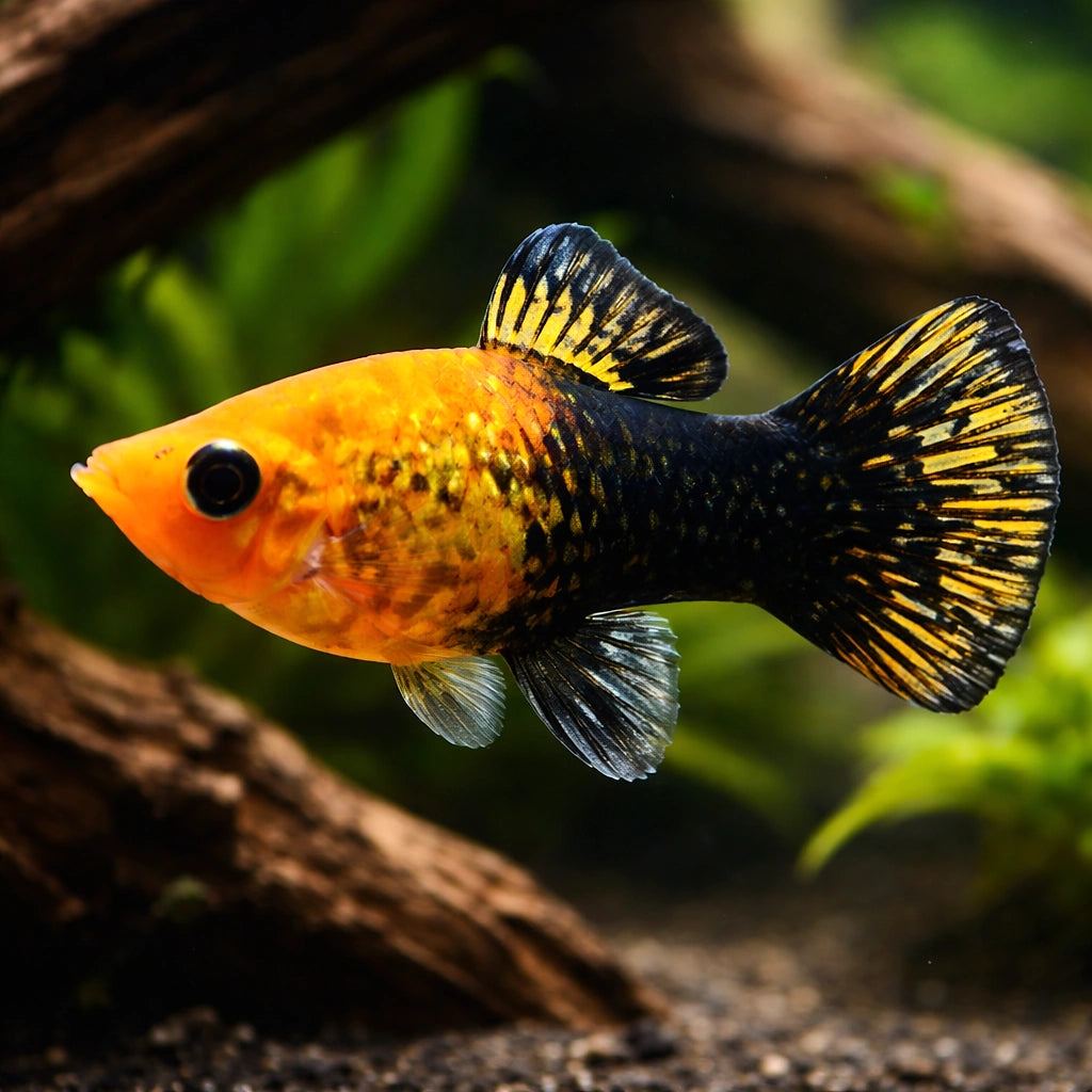 A gold-and-black short-fin molly over driftwood, showing the two-tone colour split of the strain