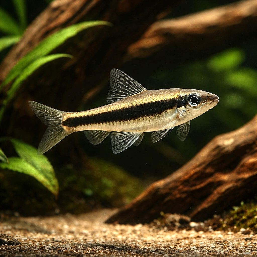 A true Siamese algae eater (Crossocheilus oblongus) photographed over driftwood