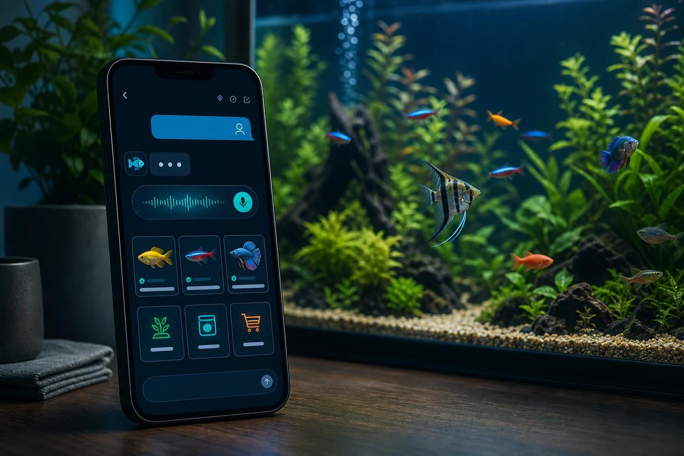 Smart fishkeeping assistant on a phone beside a planted aquarium
