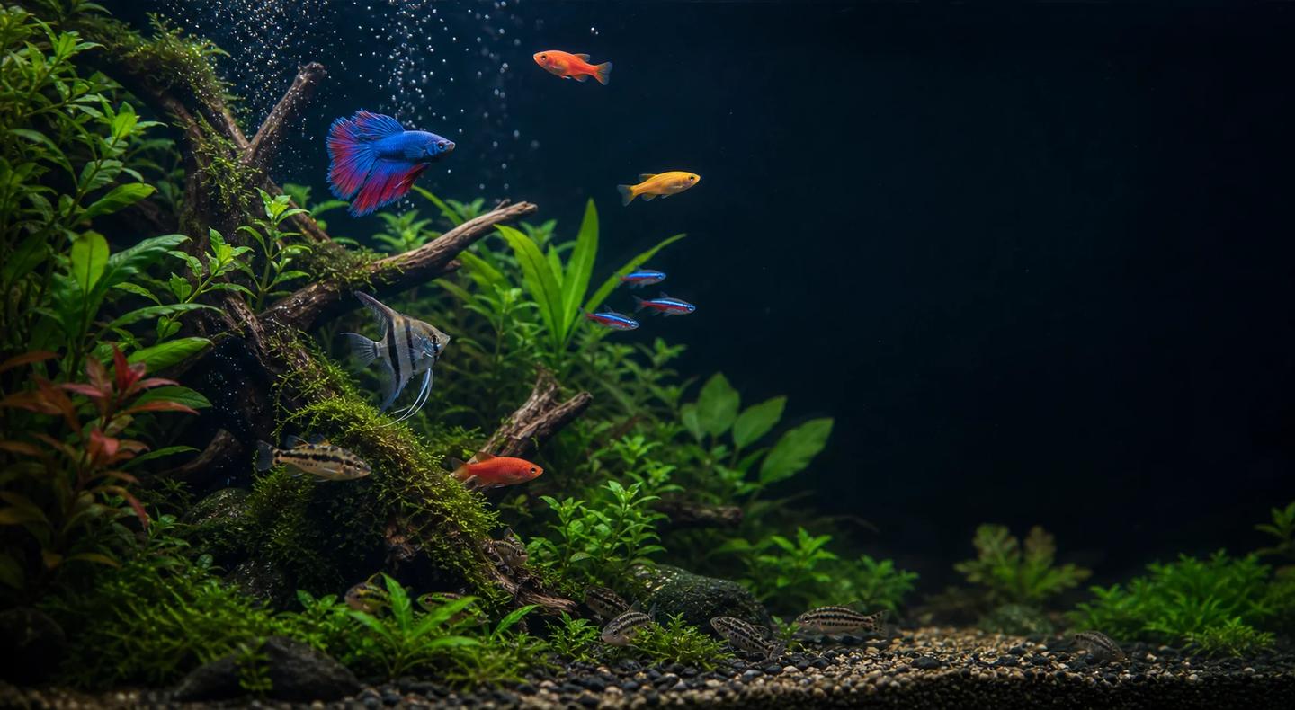 Healthy tropical fish swimming through a planted aquarium