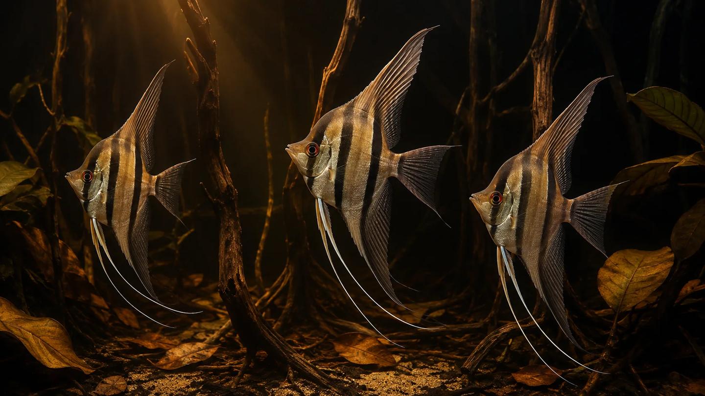Three tall striped Altum angelfish swimming among upright wood in an amber freshwater aquarium
