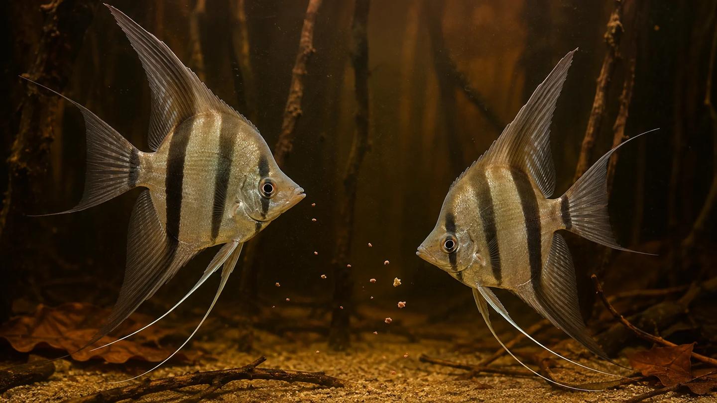 Two tall striped Altum angelfish approaching a small scattering of sinking food in open water