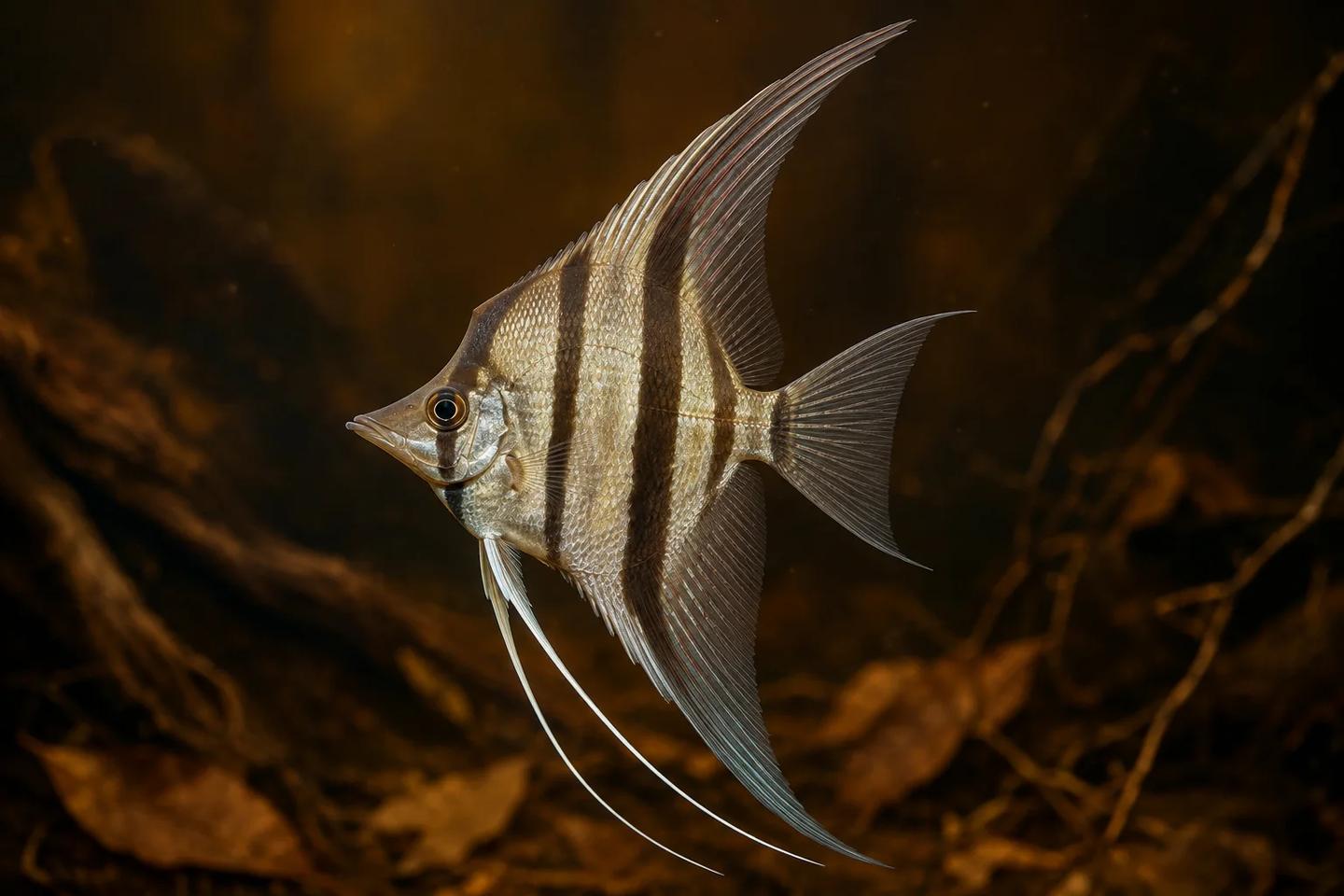Scientific-style side illustration of one tall striped Altum angelfish with a deeply notched forehead
