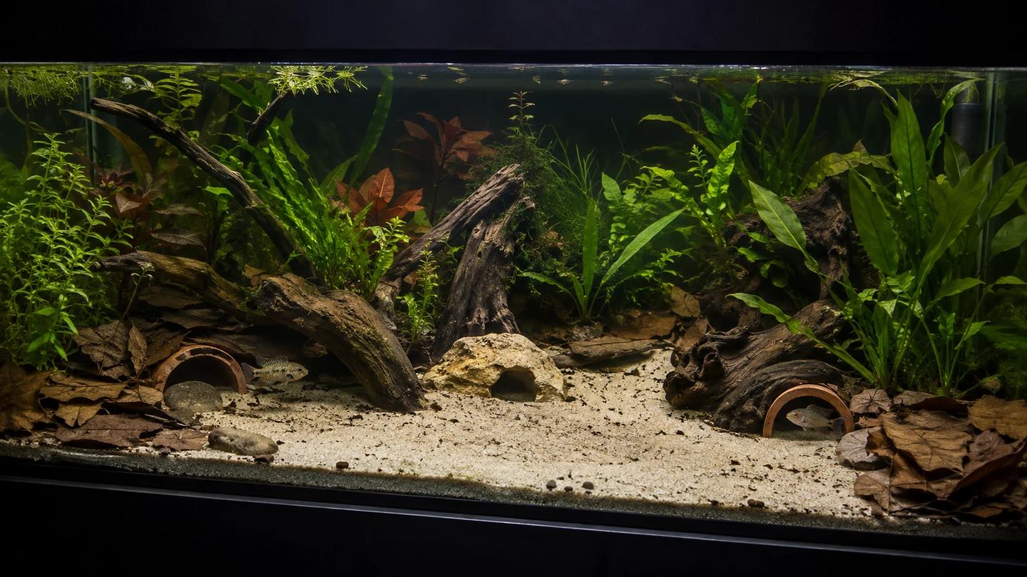 Wide aquarium layout with three separated caves, plants, wood and open sand for Apistogramma territories